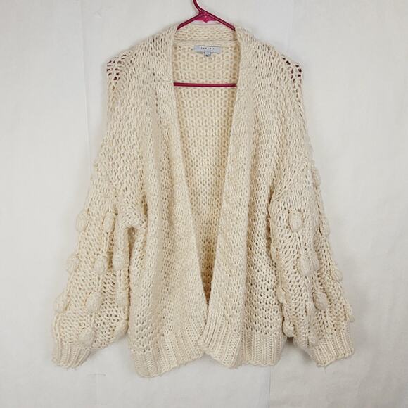 Favlux cream pom pom cardigan sweater Size small open front Boho Chunky Cozy - Picture 1 of 7
